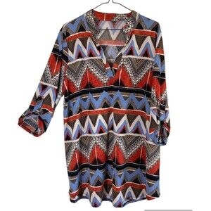 Unbranded Women's Top 3XL Tunic Southwestern Aztec Print Roll Tab Sleeves